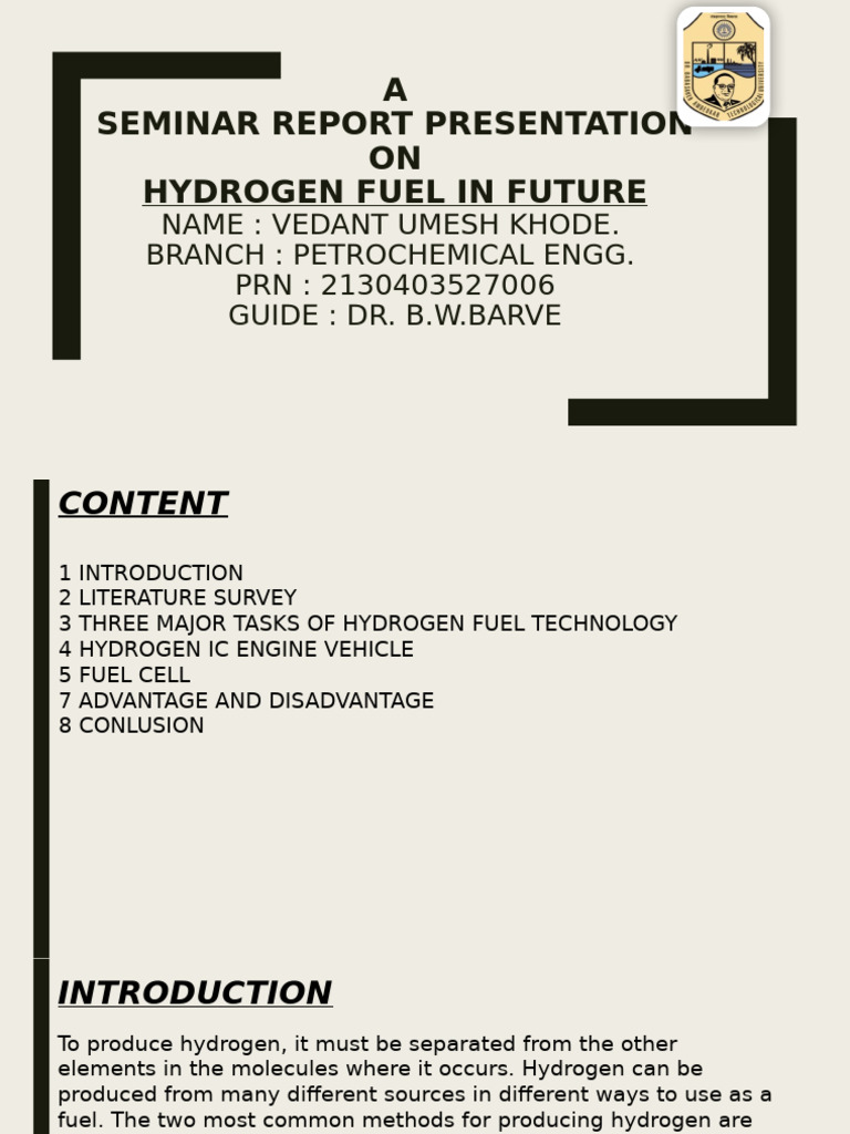 A Seminar Report Presentation ON Hydrogen Fuel in Future | PDF