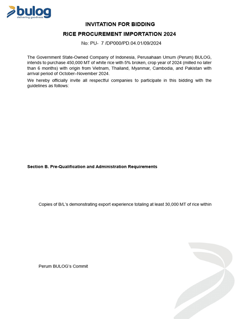 Invitation For Bidding Rice Procurement Importation 2024: No: PU-7 ...
