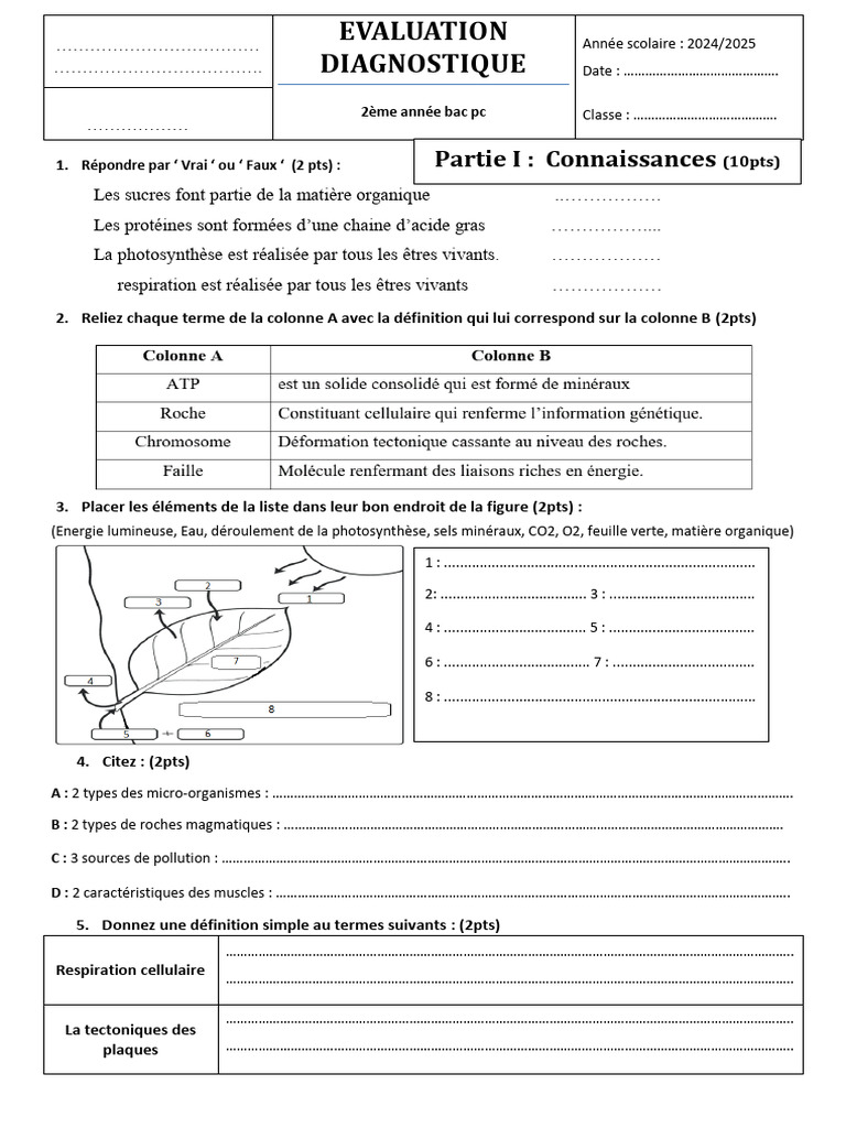 Evaluation Diagnostique 2eme Bac SP | PDF