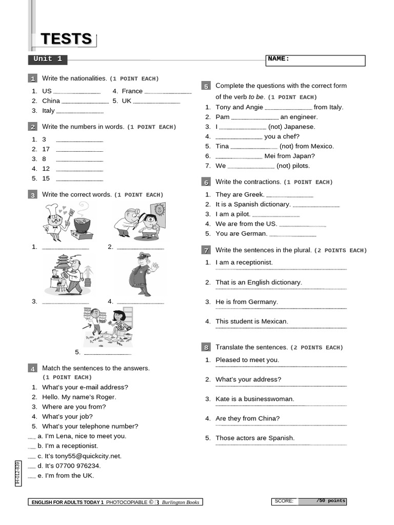 EngAdultsToday1 TM Test U1 | PDF