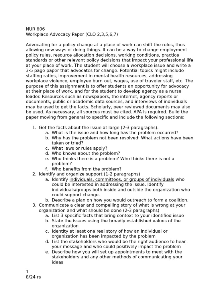 NUR 606 - Workplace Advocacy Assignment | PDF