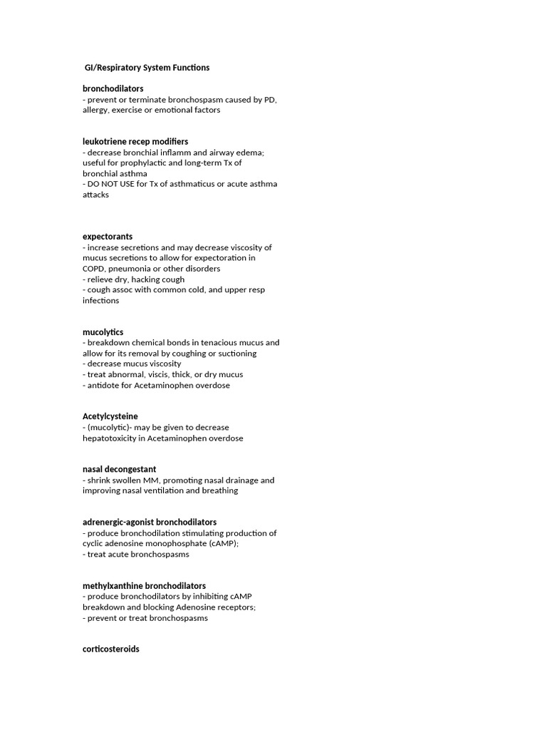 GI and Respiratory Drug Functions Guide | PDF | Cough | Stomach