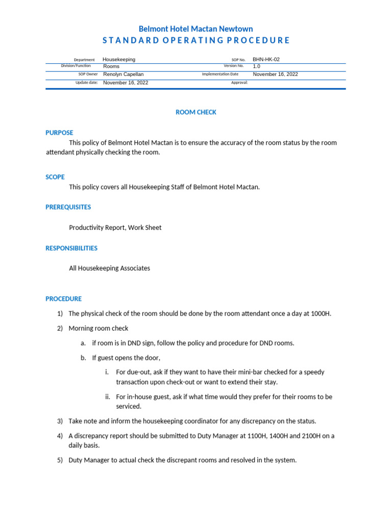 BHN HK 02 Room Check | PDF