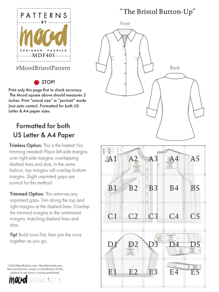 MDF405 The Bristol Button Up Sizes 00 32 A4 Letter Patterns | PDF