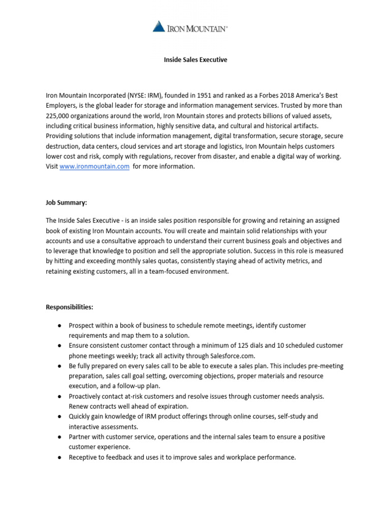 Inside Sales Executive Role at Iron Mountain | PDF | Sales | Information