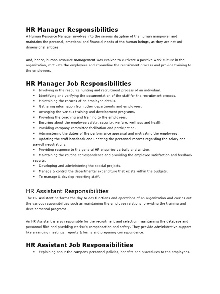 HR Manager and Assistant Responsibilities | PDF | Human Resources ...
