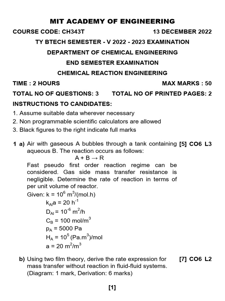 Chemical Reaction Engineering Exam Guide | PDF | Chemical Reactor ...