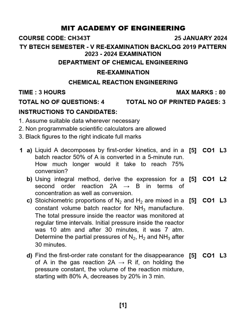 Chemical Reaction Engineering Exam Guide | PDF | Chemical Reactor ...