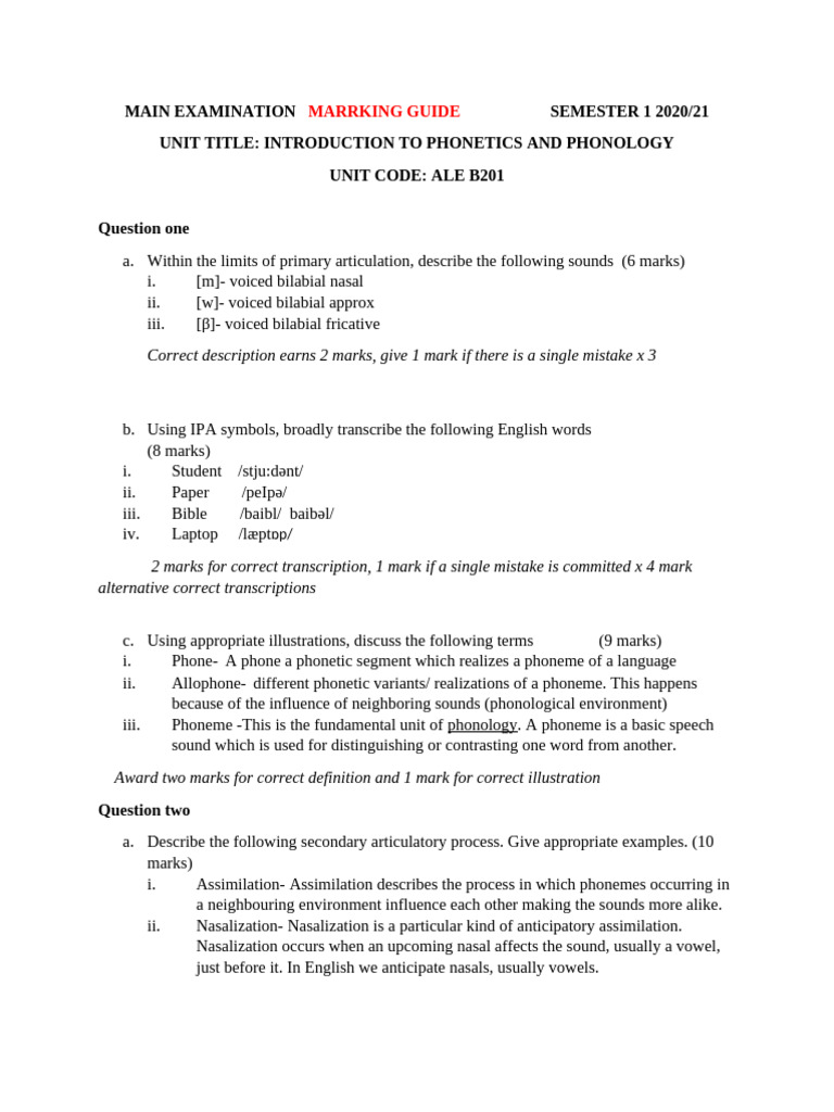 Ale B201 Marking Guide | PDF | Phoneme | Vowel