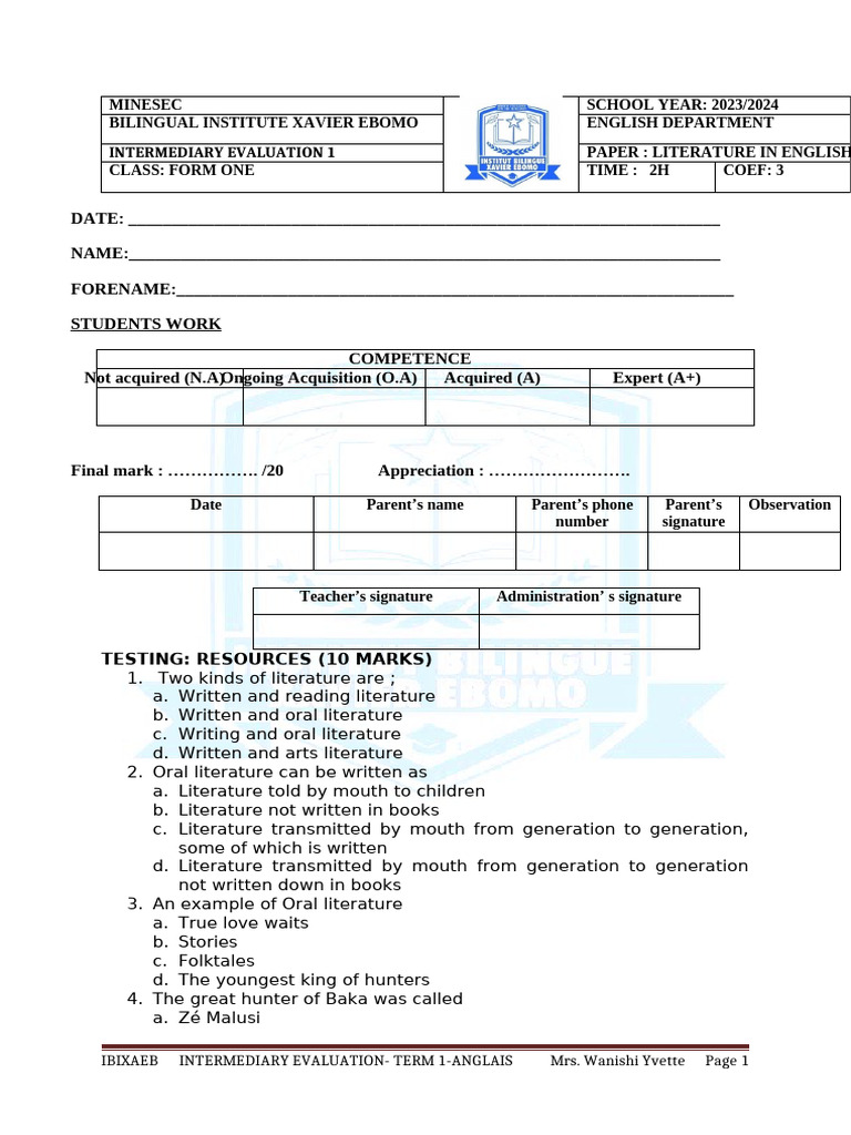 Form 1 Literature Assessment Guide | PDF | Writing | General Fiction