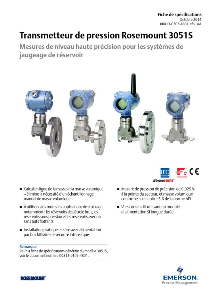 Transmetteur de Pression Rosemount 3051S: Mesures de Niveau Haute ...