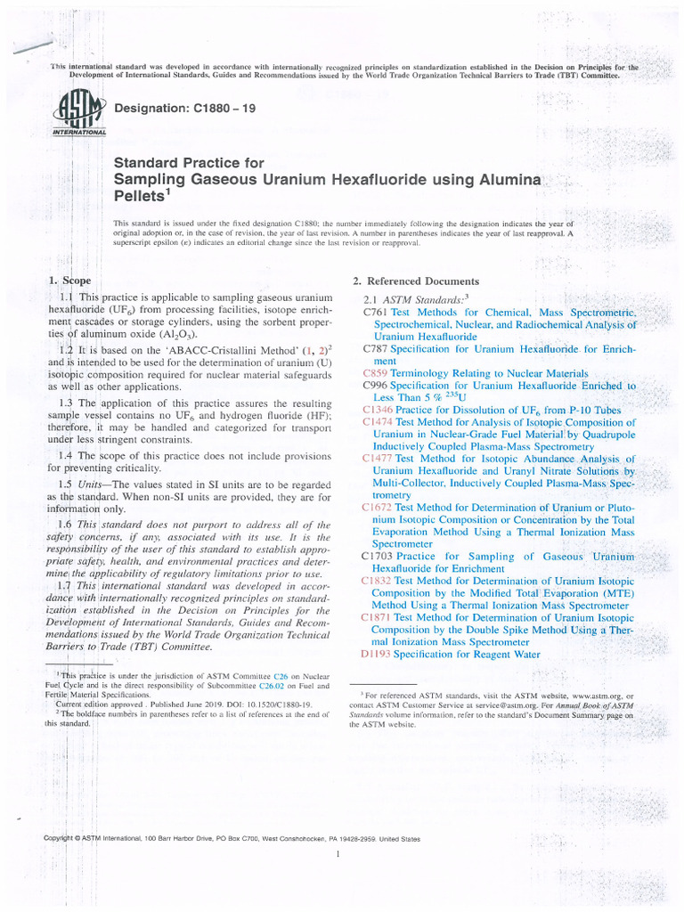 ASTM - C1880-19 - Sampling Gaseous UF6 Using Alumina | PDF