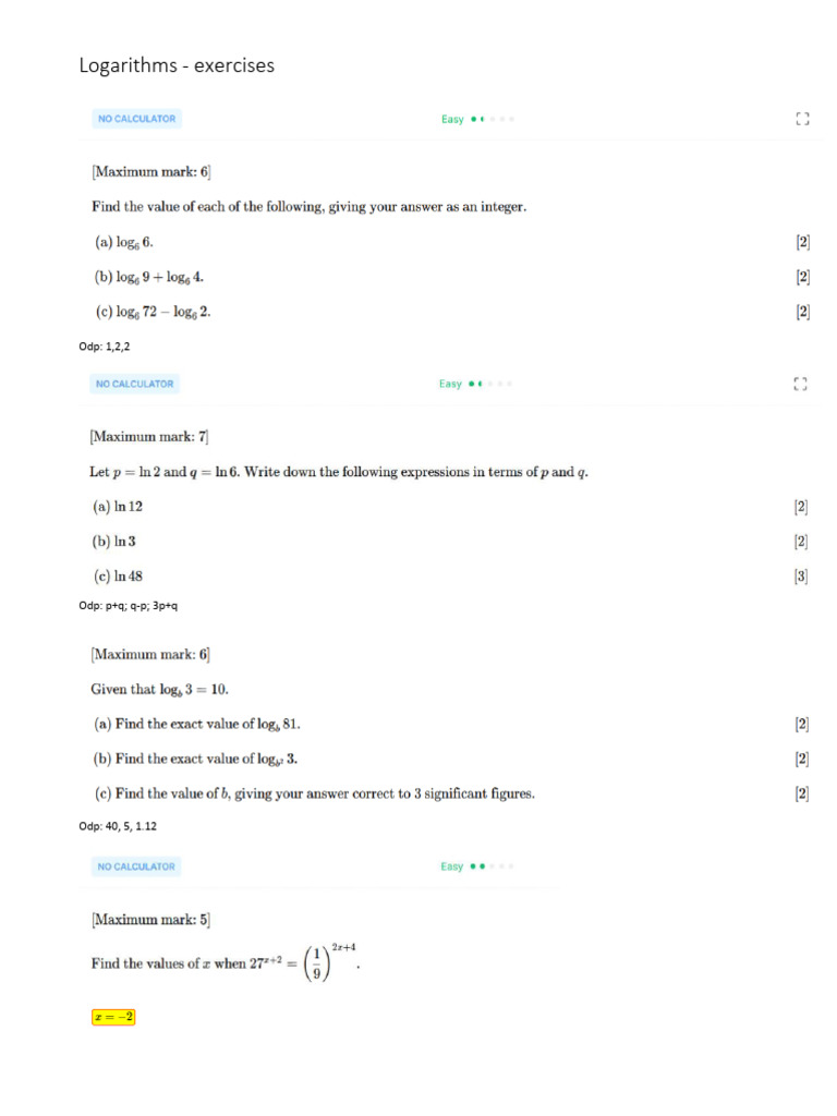 Logarithms - Exercises | PDF