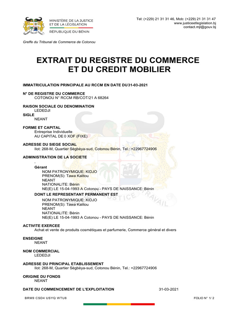 Extrait RCCM | PDF | Tribunaux | Finance et gestion monétaire