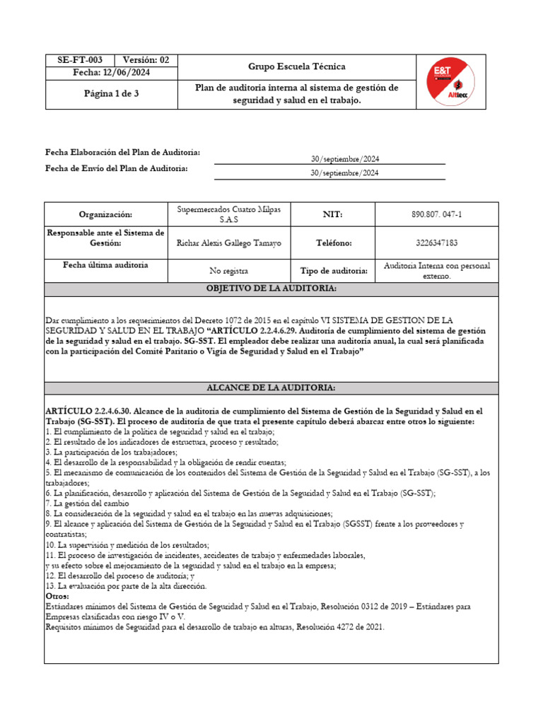 Plan de Auditoria Interna Supermercado Cuatro Milpas S.A.S | PDF
