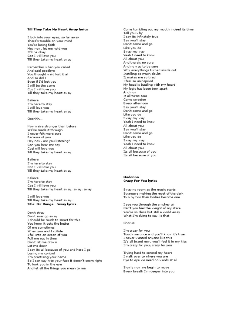 Song Lyrics Pdf Entertainment General Leisure