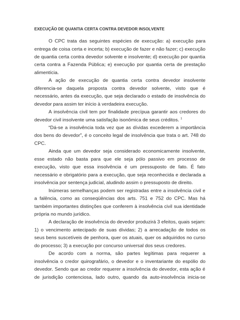Execução de Quantia Contra Devedor Insolvente | PDF | Insolvência ...