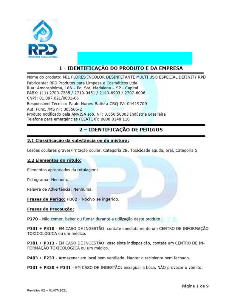 Fispq - Mil Flores Incolor Desinfetante Multi Uso Especial Definity RPD ...