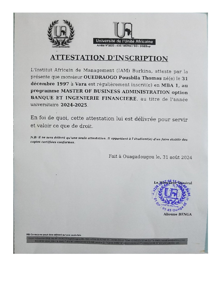 Attestation D'inscription MBA | PDF
