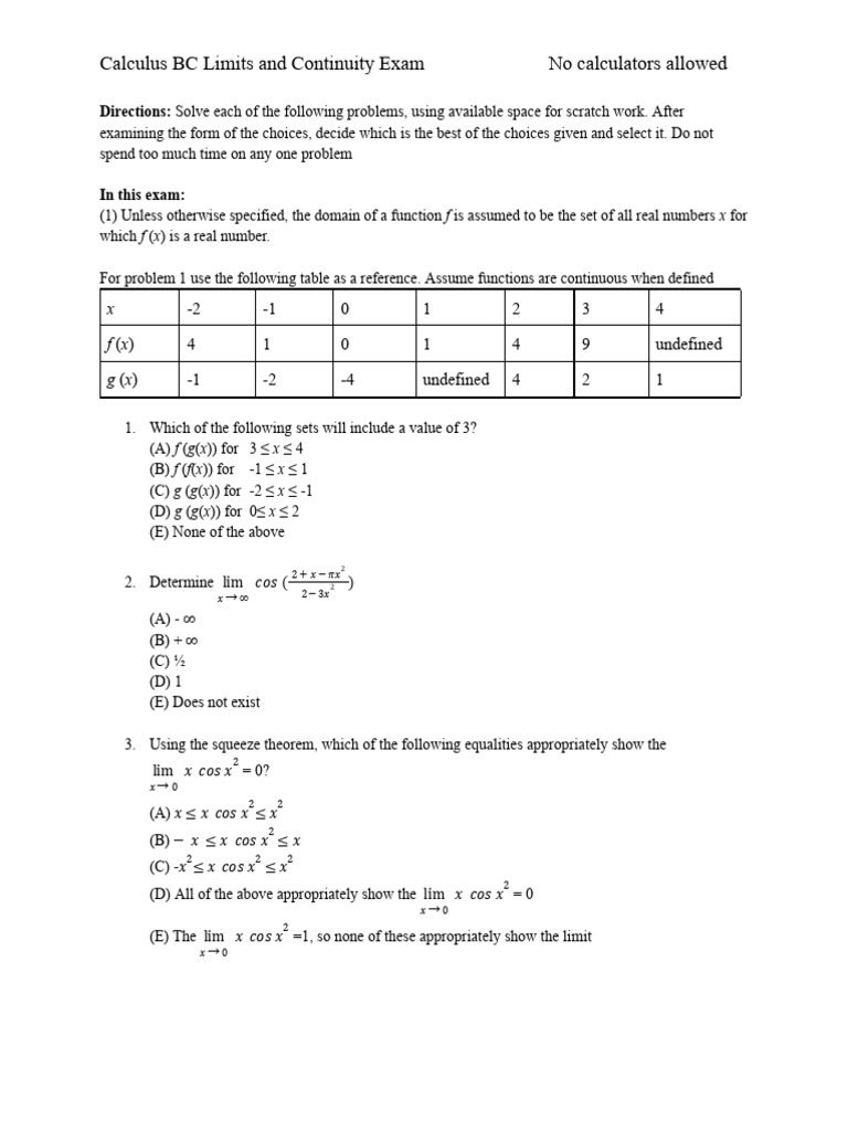 V2 Calc BC Limits and Continuity Exam (Unit 1) | PDF | Continuous ...