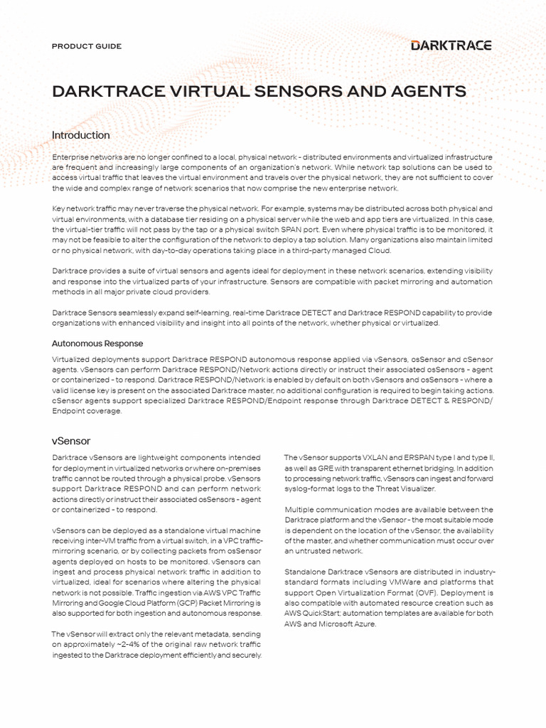 62f515b252bdef6167b13a29 - Darktrace Virtual Sensors and Agents | PDF