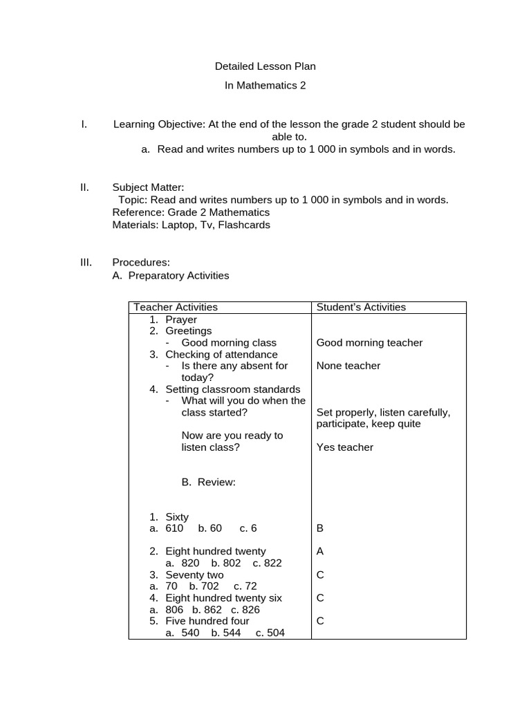 Detailed Lesson Plan in Mathematic 2 8 | PDF | Teachers | Learning