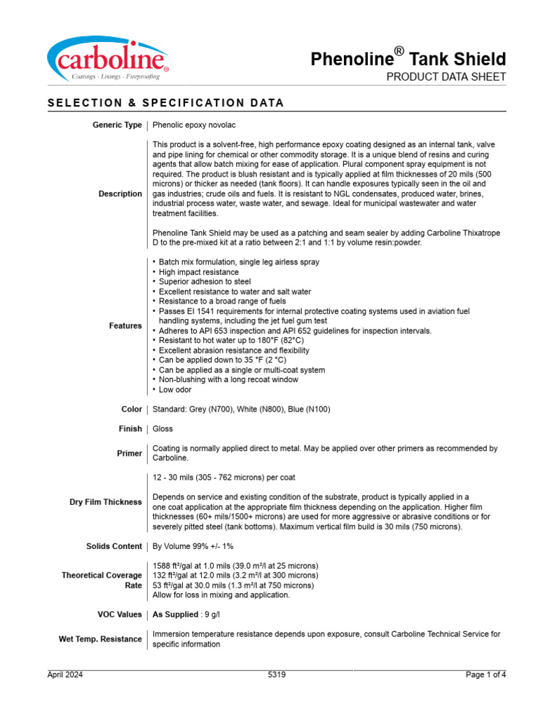 Phenoline Tank Shield PDS | PDF