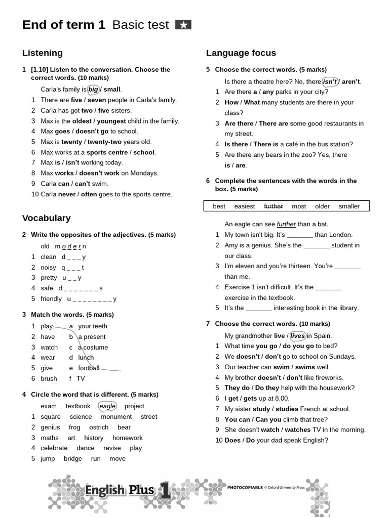 End - of - Term - 1 - Basic - Test LOWER ELEMENTARY | PDF