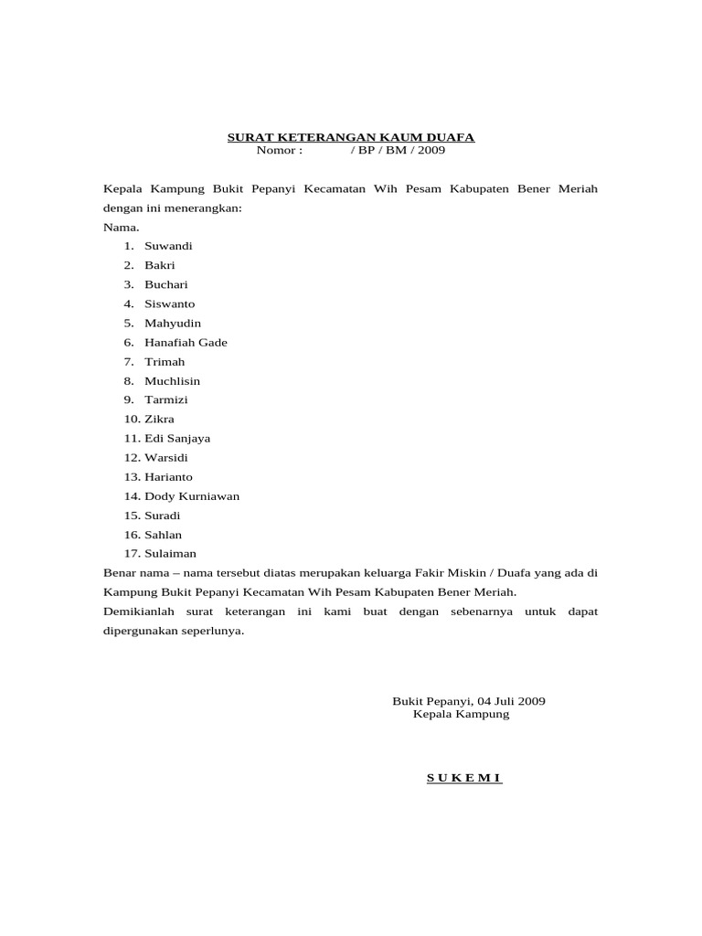 Surat Keterangan Kaum Duafa - THN 2009 | PDF