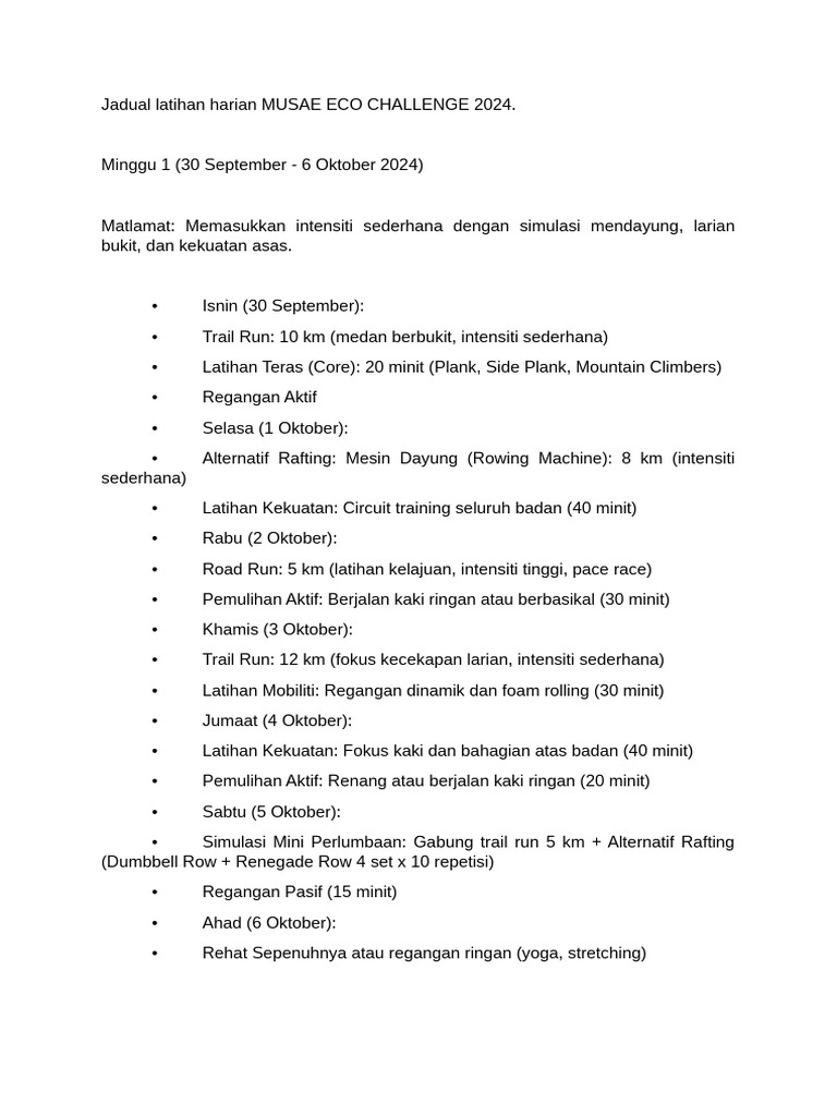 Jadual Latihan Harian MUSAE ECO CHALLENGE 2024 PDF