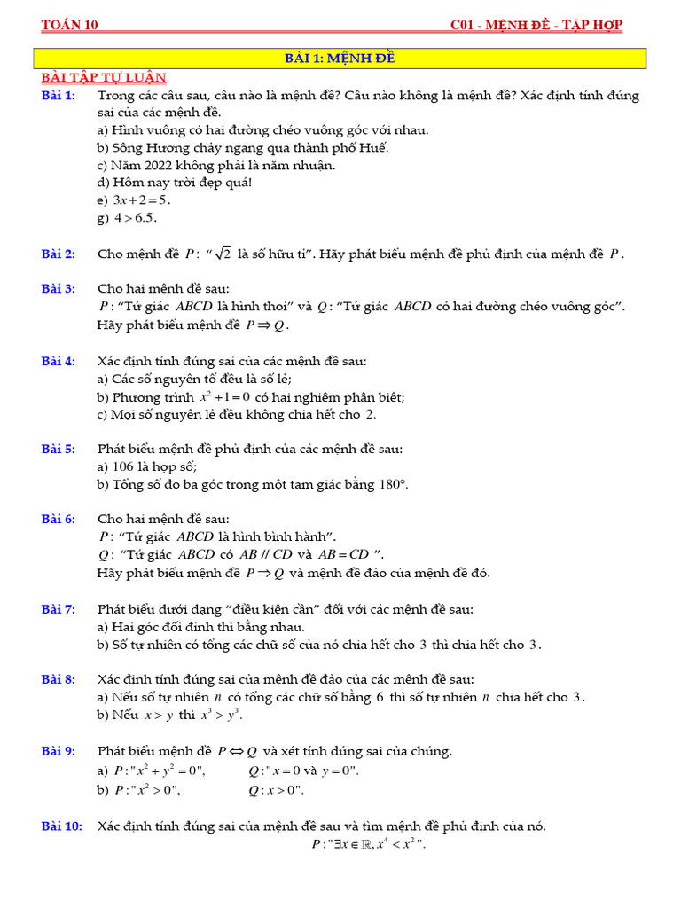 Bai Tap Trac Nghiem Tu Luan Va Dung Sai Toan 10 Chan Troi Sang Tao | PDF