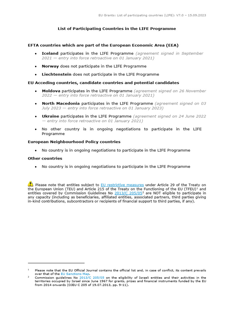 LIFE Programme Participating Countries | PDF | European Economic Area ...