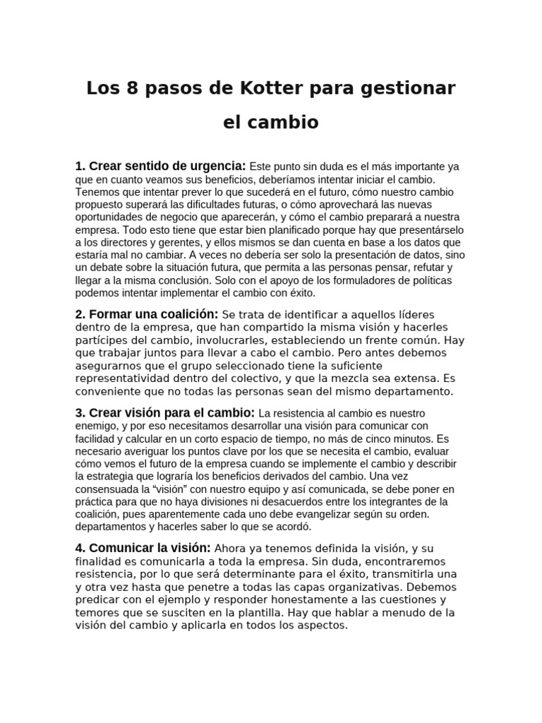 Los 8 Pasos de Kotter para Gestionar El Cambio | PDF