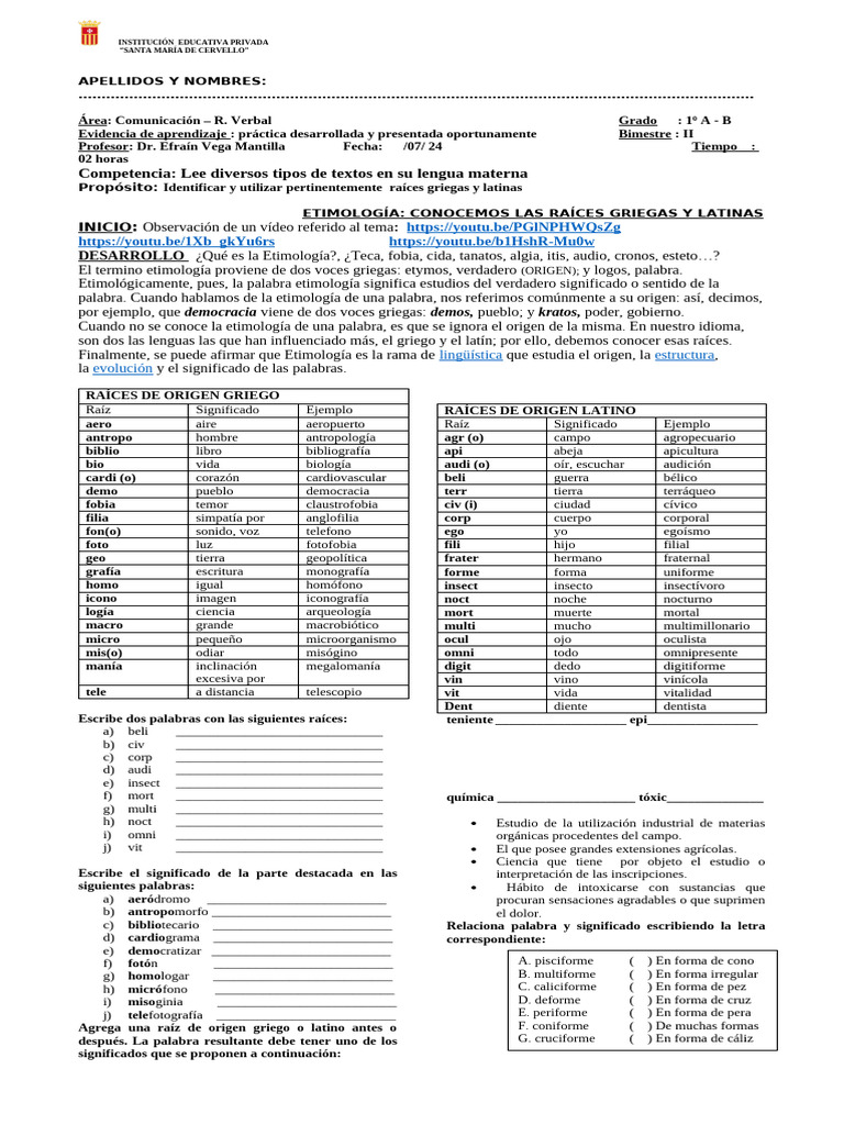Actaprend 6 1ab Conocemos La Etimologia - Raices Griegas y Latinas | PDF