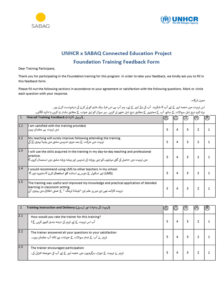 UNHCR SABAQ Training Feedback Form | PDF | Learning | Behavior Modification