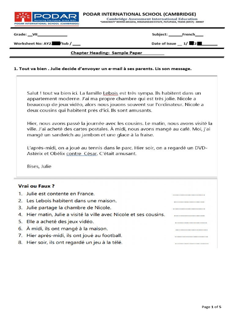 French Sample Paper | PDF | Language Arts & Discipline | Foreign ...