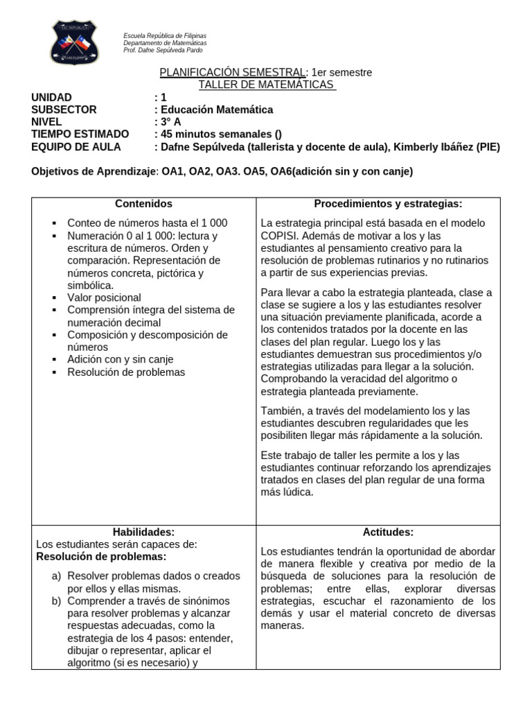 Planificación 3° Taller | PDF | Matemáticas | Métodos y materiales de ...