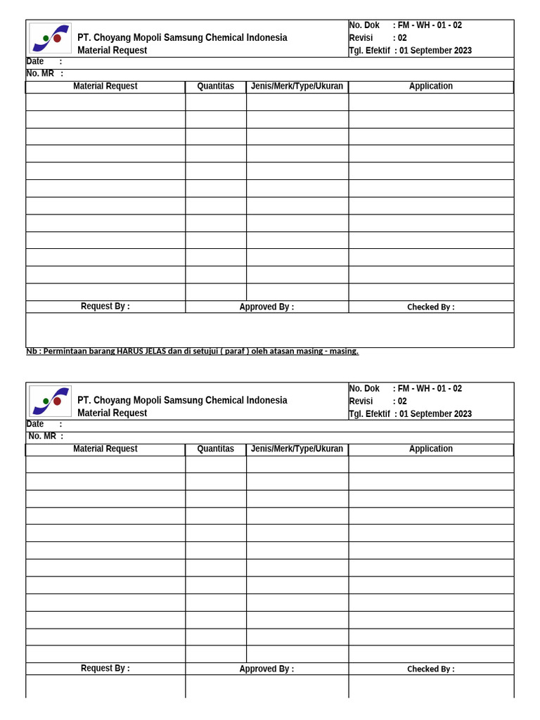 Material Request Form - Choyang Mopoli | PDF