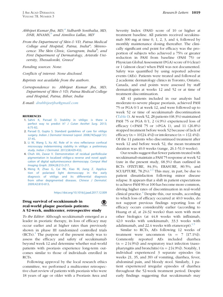 Drug Survival of Secukinumab in Real World Plaque | PDF