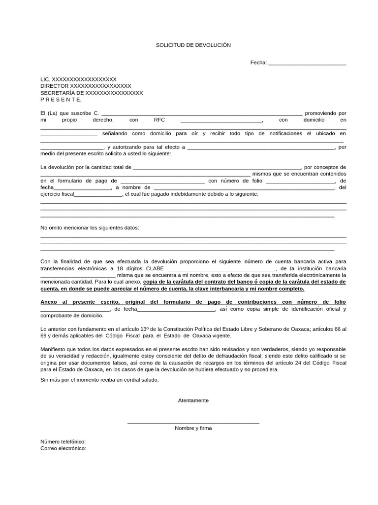 Modelo de Solicitud de Devolucion | PDF | Derecho