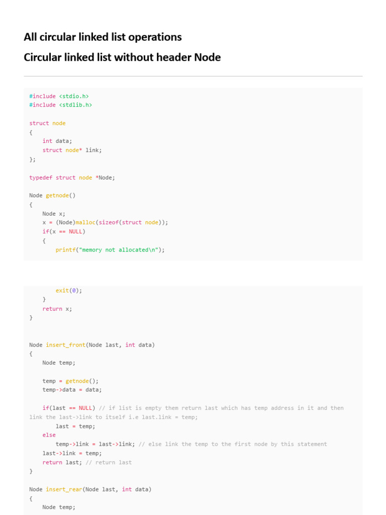 All Circular Linked List Operations Circular Linked List Without Header ...