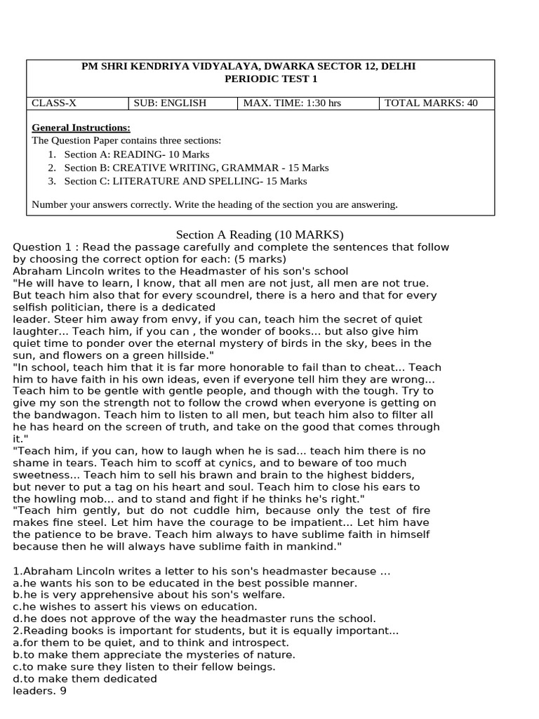 Class X English PT 01 2024-25 | PDF