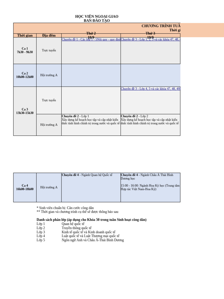 (Shcd - 2023) Thời Khóa Biểu | PDF