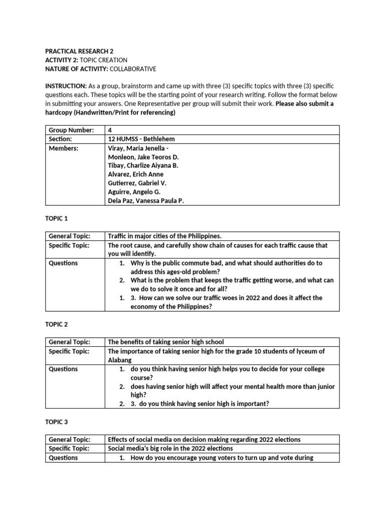 Group - Bethlehem - Practical Research - Topic Creation | PDF