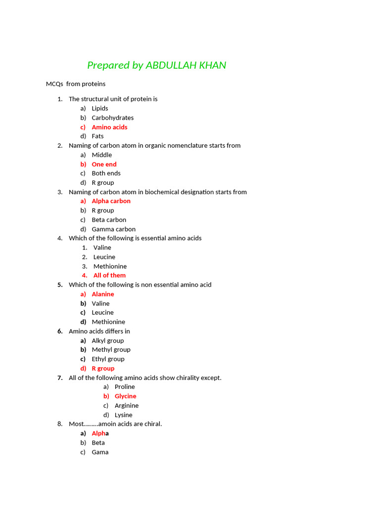 MCQs on Proteins and Amino Acids | PDF | Amino Acid | Proteins