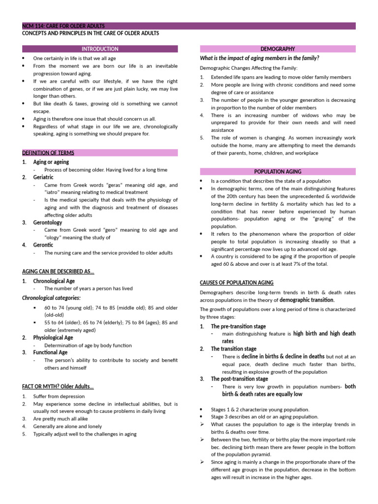 Concepts and Principles in The Care of Older Adults | PDF