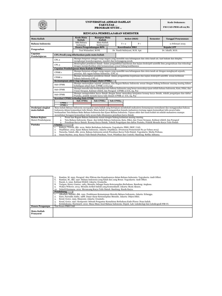 FM-UAD-PBM-08-02 - R1 - Form - RPS Bahasa Indonesia 13 Februari 2023 | PDF
