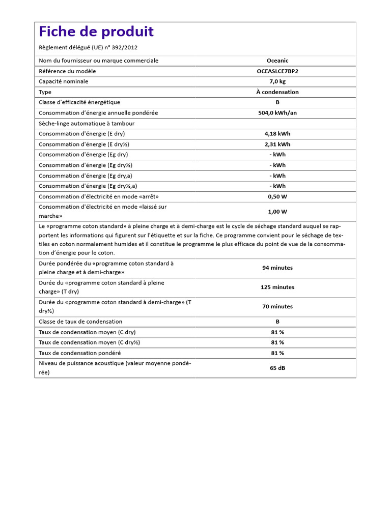 European Product Sheet Seche Linge Condensation Oceanic 7 Kg Standard ...
