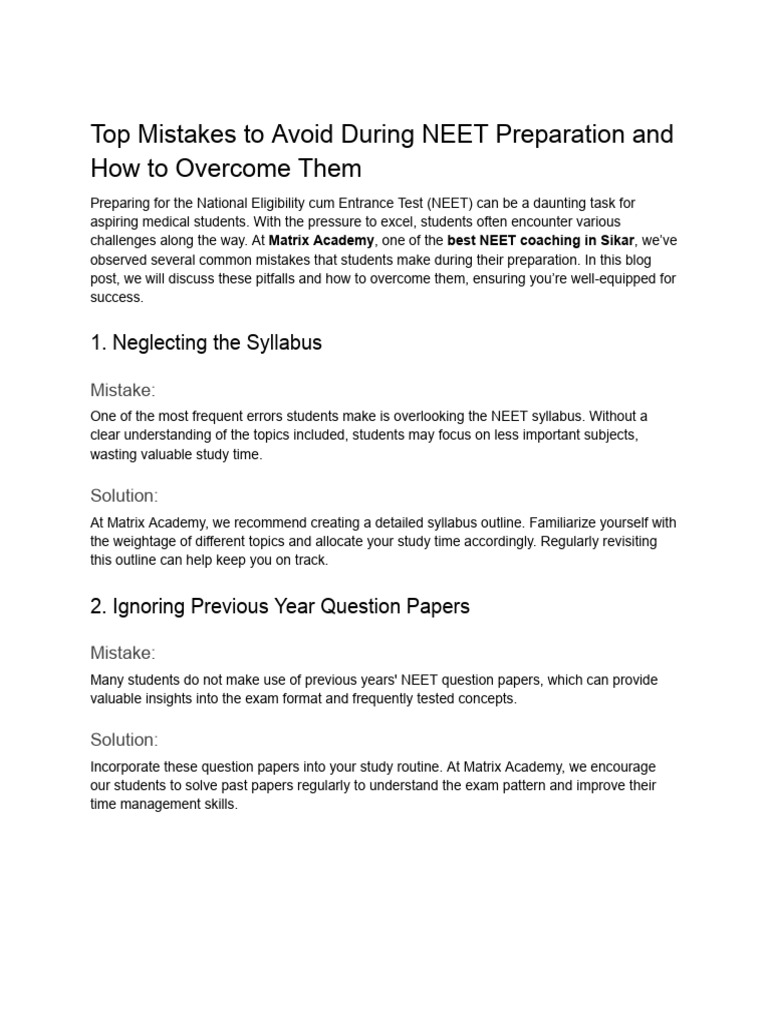 Top Mistakes To Avoid During NEET Preparation and How To Overcome Them ...