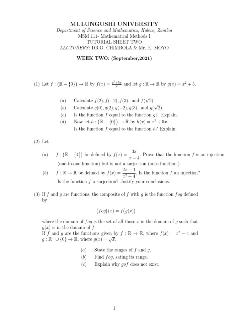 Msm111-Tutorial Sheet Two | PDF | Function (Mathematics) | Elementary ...